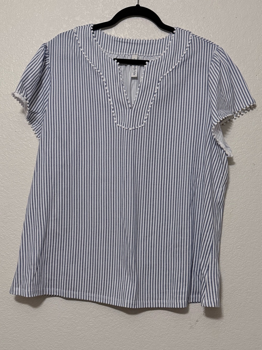Belle&Isle Striped Blue & White Short Sleeve Blouse - Lightweight Women's 0175